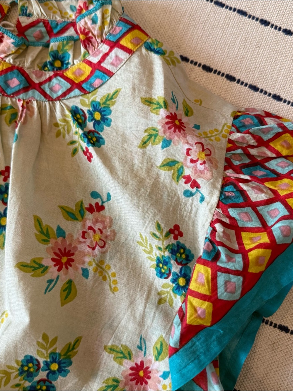 THML Floral Flutter Sleeve Top - Cream, Teal & Pink - Picture 2 of 4